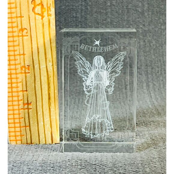 Holographic Angel  Bethlehem Etched Crystal Glass Cubed Paperweight - Picture 6 of 6